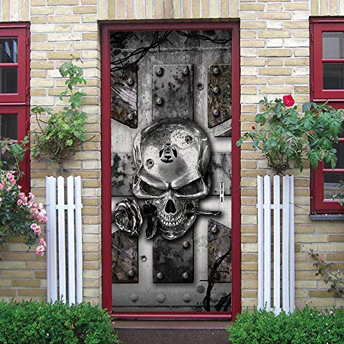 GSKBDQ Türaufkleber Selbstklebende Türtapete Türposter Grauer Totenkopf Retro 3D 95X215Cm Fototapete Türfolie Poster Art Tapete Wasserdicht Abnehmbare Wandaufkleber Schlafzimmer Haus Bad Deko