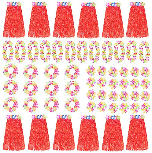 Hawaiianischer Hula-Rock, Kostüm-Accessoire, bunt, 80 cm, kurzer Hula-Rock, Hawaii-Rock, Luau-Hawaii-Rock, Rot, 12 Stück