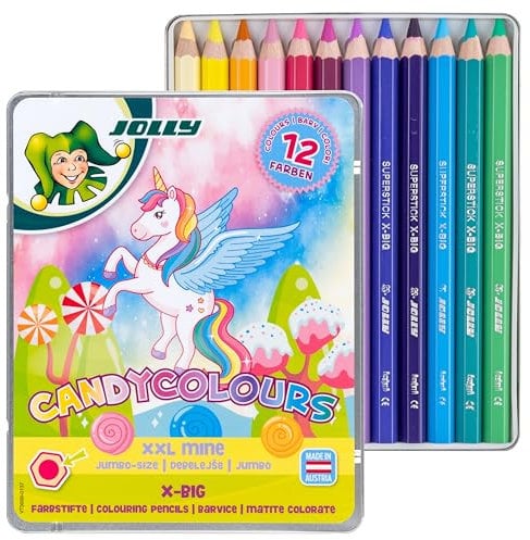 JOLLY X-BIG Candy Colours, 12 Farben, extradick und bruchsicher, 6,4 mm Mine, nur im Set, für Malanfänger