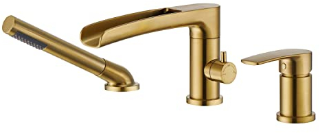 Wowkk Robinet de baignoire romaine cascade brossé or brossé robinets de baignoire à montage sur le pont robinets de baignoire en laiton robinets de salle de bain avec douche à main