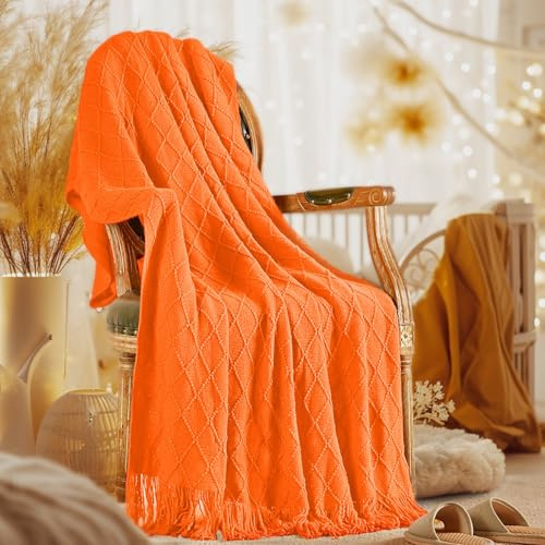 inhand Knitted Throw Blanket Warm Soft Lightweight Home Decor Throw for Couch Sofa Living Room Halloween Farmhouse Fall Outdoor Indoor 50x60, Tan Orange | Fall Halloween Decor, Soft Living Room Home Decor Knitted, Outdoor Lightweight Autumn, Farmhouse Warm Fall Decoration Indoor