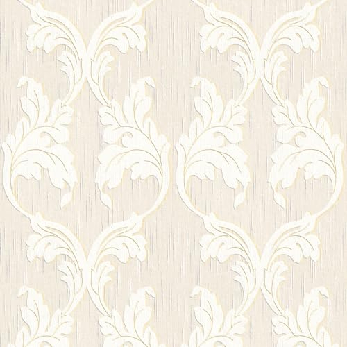 Profhome Barock Tapete 956287-GU Textiltapete beige gold creme-weiß 0,53 m x 10,05 m / 5,33 m2