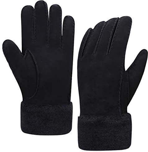 Harssidanzar Herren Lederhandschuhe,Winter Kaltwetter Schaffell Shearling beheizte warme pelzige Stulpen handschuhe KM041EU,Schwarz, Größe S