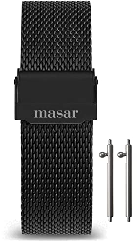 masar 20mm Black Universal - Premium Schnellverschluss - Milanese Armband, Edelstahl, Uhrenarmband Mesh, Watch, Milanaise, Watch Straps, Band, Quick Release, Herren, Damen, Schwarz