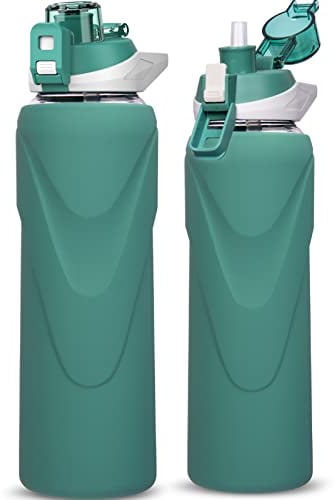 DEARRAY 1l Sport Trinkflasche Glas Flasche mit Strohhalm 1 liter auslaufsicher bpa frei Gym Wasserflasche mit Silikonhülle für Smoothie, Früchte Kohlensäure geeignet (Tiefgrün)