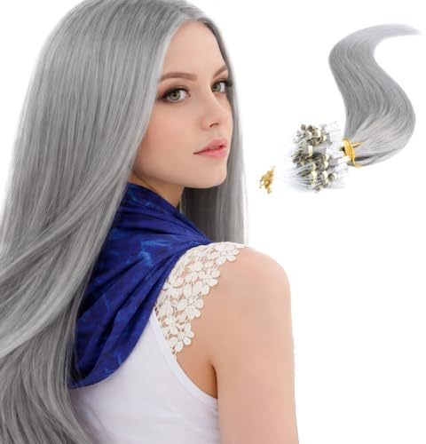 Happyqueen 100s-80g-16 18 20 22 Micro Loop Ring Remy Human Hair Extensions-Grade AAA (#Grey, 18)