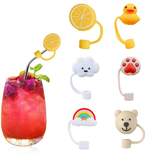 DeryArcle 6 Pièces Bouchon de Paille Nuage, Embout de Paille silicone Arc En Ciel, Capuchon Couvertures de Paille Ours Réutilisables Straw Tips Cover pour 6-8 mm Pailles Anti-Poussière