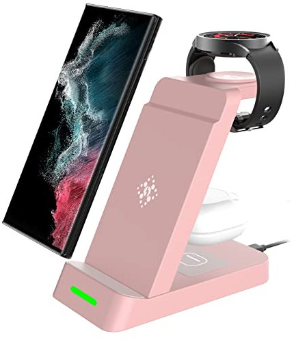 SPGUARD 3 in 1 Wireless Charger for Galaxy Watch FE/7/6/5 series Induction Charger for Galaxy S25/S24/23/S22 series,Note20/10/ Z Flip 6/5/4/3 Fold 6/5/4/3 Charge Station for Galaxy Buds(Pink)