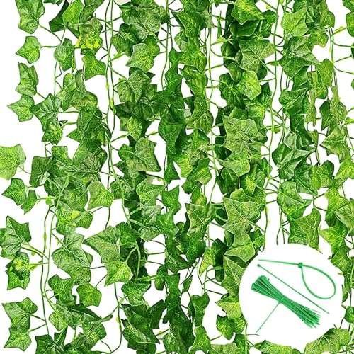 Efeu Künstlich Girlande 24 Stück Grün Fake Efeu Pflanzen Efeuranke für Garten Hochzeit Party Wanddekoration (2.2m,30m Kabelbinder mit Cutter)