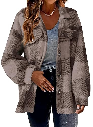 shownicer Kariertes Jacke Damen Oversize Lässiges Revers Wollmantel Hemdjacke Mode Langarm Wintermantel Herbst Winter Warme Hemdbluse Mit Taschen