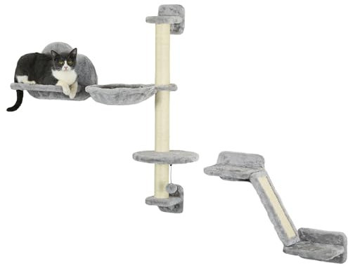 PawHut Cat Wall Furniture with Hammock, Platforms, Ladder, Scratching Post - Grey