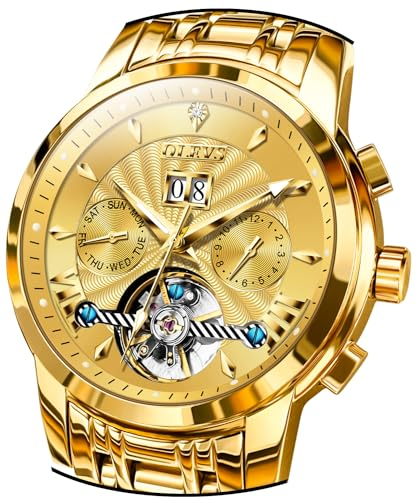 OUPINKE Herren-Automatikuhr, Skelett, 5 Zeiger, mechanisch, klassisch, luxuriös, Kalender, Edelstahl, wasserdichte Armbanduhr für Herren, 9965: Gold, Business