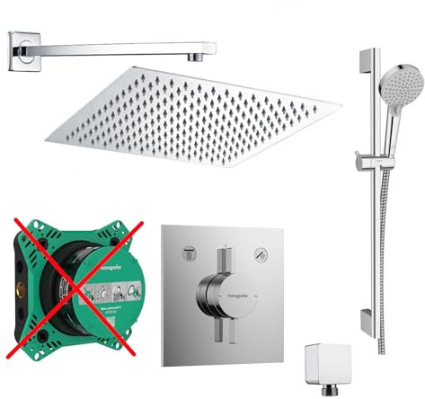 vanvilla Duschsystem mit Unterputz Duscharmatur von Hansgrohe Duo Turn E und vanvilla Regendusche mit Armatur, Duschkopf eckig, Dusch-SET HG211-ob poliert