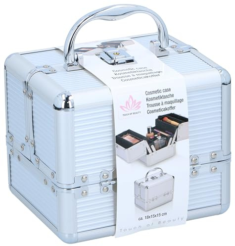 Touch of Beauty Make-up Koffer Silber - Kosmetik Organizer - mit Griff und Schlüsselschloss - 18 x 15 x 15 cm - Innen Mit Fleece Ausgekleidet - Leicht zu Tragen - Aluminium