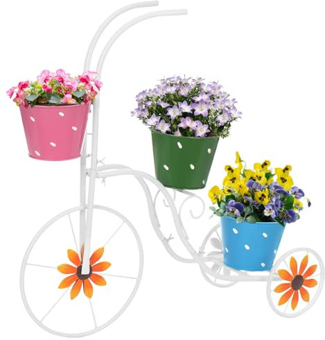 LEWIS&WAYNE Metal Tricycle Planter, 3 Tier Floral Flower Plant Stand Holder Hand Painted Outdoor Garden Patio Decor
