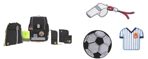 LÄSSIG 7-teiliges Schulranzen Set Kinder/School Set Boxy Unique Schwarz & Textilsticker selbstklebend, zum Aufbügeln/Textile Woven Sticker Stick on Football