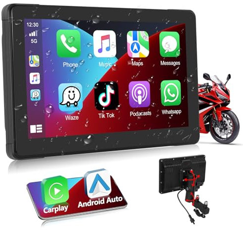 Podofo Motorräder Autoradio mit Kabellosem Carplay, Android Auto, 7-Zoll Touchscreen, Carplay Autoradio mit Bluetooth, GPS-Navigation, FM-Transmitter, TF-Karte, USB, EQ für Motorrad