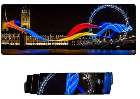 Tapis de Souris XXL Ville, 800 x 300 x 3 mm Tapis de Souris Londres, Sous-Main Bureau avec Bords Surpiqués Grand Tapis Souris, Base en Caoutchouc Antidérapante, pour Gamer, PC, Ordinateur Portable V-9