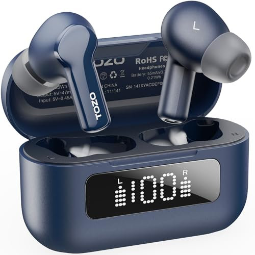 TOZO NC3 In-Ear Kopfhörer Kabellos Bluetooth 5.3 mit Hybrid Active Noise Cancelling, 6 Mikrofone für klare Anrufe, LED-Anzeige, App-Steuerung, 55 Std. Wiedergabe, IPX8 wasserdicht - Blau