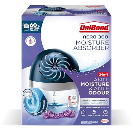 UniBond AERO 360º Lavender Moisture Absorber, 1 Device incl. 1 Lavender Refill Tab 450g, Ultra-Absorbent Dehumidifier, Helps to Prevent Condensation, Mould & Musty Smells, Recyclable and Refillable