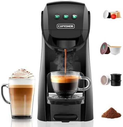 Warriors1 5-in-1 Kapselmaschine für Nespresso Original, Dolce Gusto, Lavazza A Modo Mio Kapsel, Espresso Point und Kaffeepulver, 20 bars, 0,8 L, Automatische Mini Kaffeemaschine für Zuhause und Büro