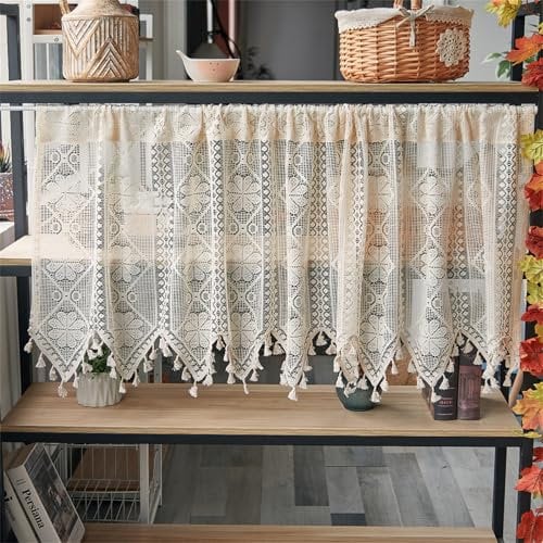 Scheibengardinen Transparent mit Stickerei Landhausstil Kurzgardine Boho Kurze Hohle Stickerei Vorhänge, Küchengardinen für Esszimmer Badezimmer Klein Fenster (1 Stüick, BxH 130x60 cm,Beige)