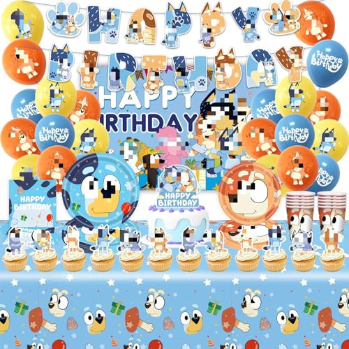 Partygeschirr Geburtstagsdeko,84 Stück Blue Dog Birthday Decorations,Blau Geburtstag Party Deko Geschirr Kit Pappteller,Banner,Servietten,Pappbecher,Tischdecken,Luftballons,Toppers,Hintergrundtuch