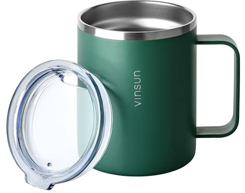 VINSUN Gobelet Isotherme avec Poignée 350ml - Mug Isotherme à Emporter, Acier Inoxydable, Couvercle Transparent, Incassable - Tasse à Café pour Bureau, Camping, Voyage