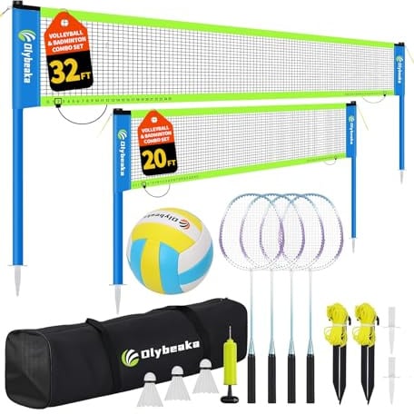 Tragbares Volleyball- und Badminton-Netz-Set für Hinterhof, Strand, mit 2 Netzen (6 m und 9,8 m), verstellbaren Stangen, PU-Volleyball, Aluminiumschläger und Tragetasche, schneller Aufbau und