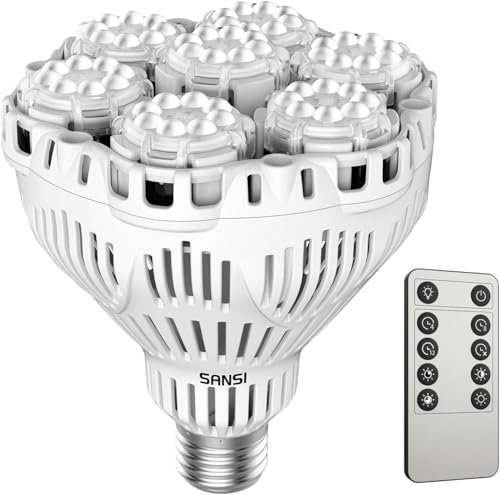 SANSI 40W Dimmbare LED Pflanzenlampe für Zimmerpflanzen, Vollspektrum E27 Grow Lampe mit Fernbedienung, 4/8/12 Stunden Timer, 4 Helligkeits, 4000K Pflanzenlicht mit Hohe PPF 63μmol/s (Ø11,6 * 13,8cm)