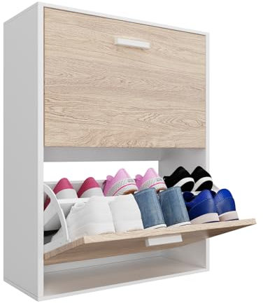 CASABEL - Mueble Zapatero de 12 Pares - Estantería de Gran Capacidad para vestíbulo o Pasillo - (Ancho) 60 x (Profundidad) 24 x (Alto) 80 cm - Puertas de Madera Clara con Marco Blanco