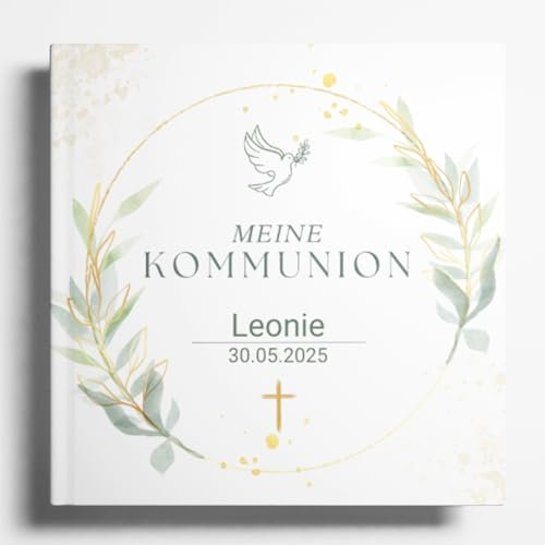 YMEMOS Kommunion Gästebuch zum Ausfüllen personalisiert – Erstkommunion Erinnerungsbuch & Fotoalbum – Geschenk für Junge & Mädchen (Fragen & Rahmen)
