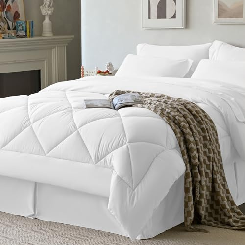 Newspin Twin XL Bettdecken-Set Weiß – Bett in Einer Tasche, Twin XL Größe 6-teilig, Ganzjahres-Bettwäsche-Set, Flauschiges Bettdecken-Set mit Laken, Bettlaken-Set, Steppdecke, Kissenbezüge