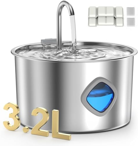 Stainless Steel Cat Water Fountain, 3.2L/108oz with 2 Filters & 2 Sponges | Automatic Dispenser, Faucet-Style Spout, Visible Water Level, Ultra-Quiet Pump, 3-Stage Filtration, Easy-Clean Design