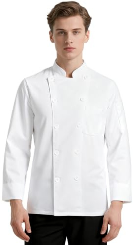 DiULi Chaquetilla Chef Hombre y Mujer, Chaqueta de Chef Manga Larga, Chaquetas Cocinero, Casaca Cocina Uniforme con Botónes, Abrigo de Trabajo Camarero Unisex para Hosteleria,Cocina,Restaurante Blanco
