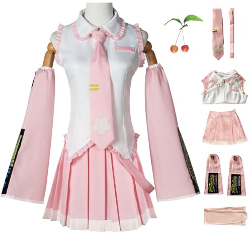 AYIMEIS Sakura Miku Cosplay Kostüm Set mit Perücke Anime Miku Verkleidung Rosa Uniform Weihnachten Halloween Karneval Party Bühnenauftritt Kostüm Erwachsene