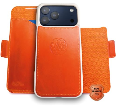 Dreem Echtleder-Hülle für iPhone 17 Pro Max, mit abnehmbarem Portemonnaie | Neuartig vert/horiz Handyhalter, RFID-blockierende Kartenhülle, Kompatibel mit MagSafe, Geschenkbox [Fibonacci: Orange]