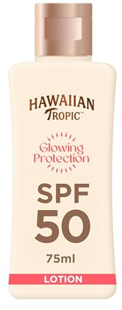 Hawaiian Tropic Glowing Protection Sunscreen, wasserfeste Sonnencreme mit LSF 50 UVA- + UVB-Schutz, tropischer Duft, mit Sheabutter, 75 ml (Reisegröße)