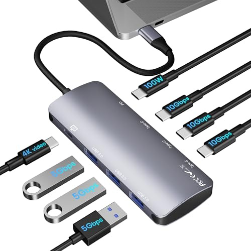 Hub USB C 8 en 1, divisor USB C con salida de video 4K a 60Hz 10 Gbps, carga de suministro de energía de 100 W, transferencia de datos, adaptador multipuerto USB 4
