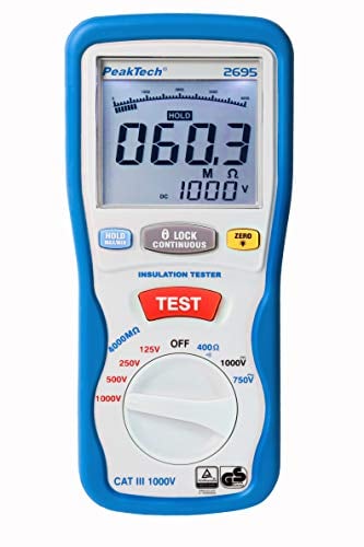 Peaktech P 2695 - Tester per Isolamento Elettrico, Voltmetro, Tester di Continuità, Circuiti e Fusibili, Funzioni Min/Max e Blocco Dati, Tüv/Gs - 125 V, 250 V, 500 V, 1000 V