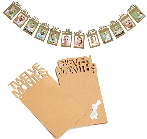 JZK 12 Monate Fotorahmen-Bild Prop Banner Kraftpapier für Babys ersten Jahr 1. Geburtstagsparty-Banner Girlande Baby-Wachstumsrekord für ersten Geburtstag Erstkommunion Babyparty Taufe Dekoration