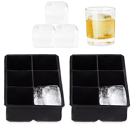 Relaxdays 2 Moldes Silicona para Hielo, Reutilizable, XXL, Bandeja Silicona, Cubos de Hielo 5 cm, 6 Cubos Individuales, Negro