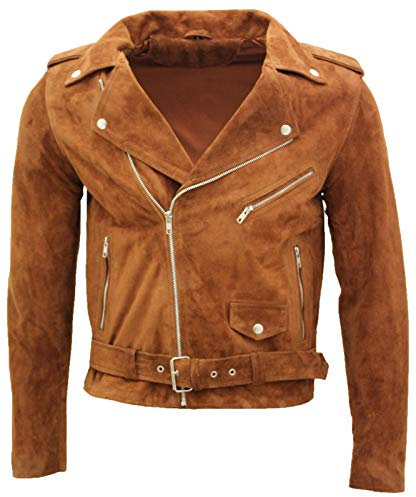 Infinity Leather Giacca da Motociclista da Uomo in Pelle Scamosciata Marrone Chiaro Brando M