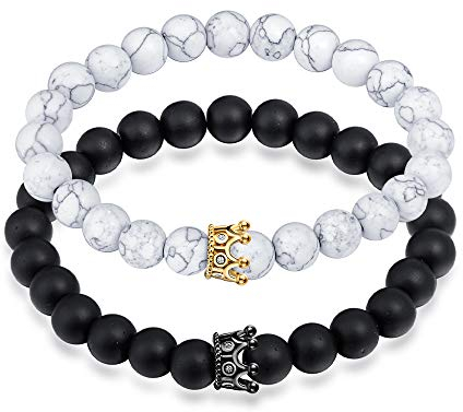 Feilok King & Queen Crown Freundschaft Partner Armband Armbänder 8mm Perlen Bangle Strech Armreifen Armkette BFF Ketten für 2 Damen Männer Gold