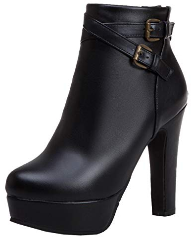 LUXMAX Stivaletti Donna Tacco Alto Blocco Plateau Stivali Tacchi Alti con Cerniera e Fibbia Moda (Nero) - 38 EU