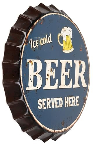 Blechschild Kronkorken Ice Cold Beer Served Here 33 cm Durchmesser cm Deko Schild mit Aufdruck Aufschrift