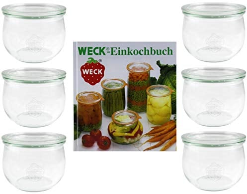 Weck Einmachgläser Set (6x Weckglas mit Einkochbuch, 144 Seiten; Tulpenglas 500 ml; Rundrand 100 mm, zum Aufbewahren von Vorräten) 42578