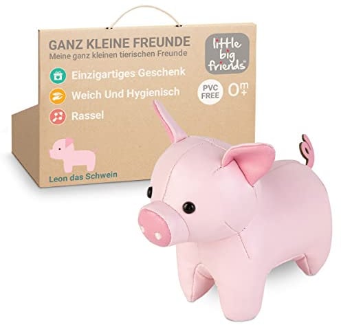Little Big Friends Kleine Freunde | Rasselspielzeug | Spezielles Stofftier | Leicht zu reinigen | Leon das Schwein
