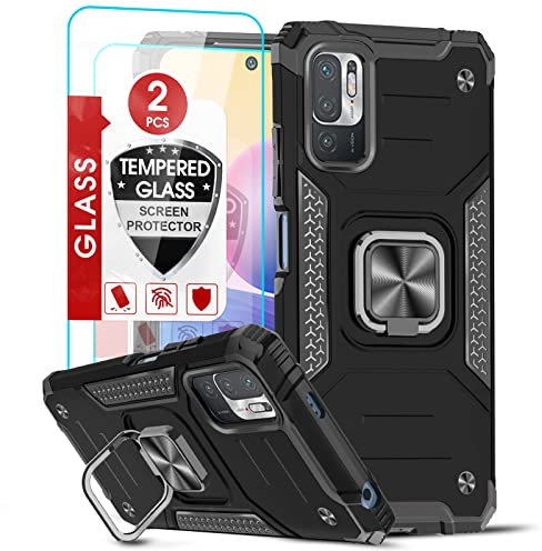 LeYi Hülle für Xiaomi Redmi Note 10 5G/Poco M3 Pro 5G und Panzerfolie (2er), Armor Stoßfest 360 Grad Ring Halter Handyhülle Magnet Slim Silikon Schutzhülle TPU Bumper Cover Case Schwarz