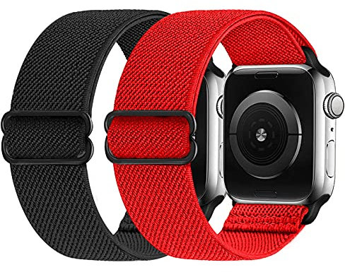 2 Pezzi Cinturino elastico compatibile con Apple Watch 38mm 42mm 40mm 44mm 41mm 45mm, cinturino di ricambio in nylon morbido per iWatch Series 7,6,5,4,3,2,1,SE(nero/rosso, 42/44/45mm)